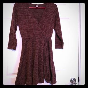 Burgundy 3/4 Sleeve Plunging Neckline Dress